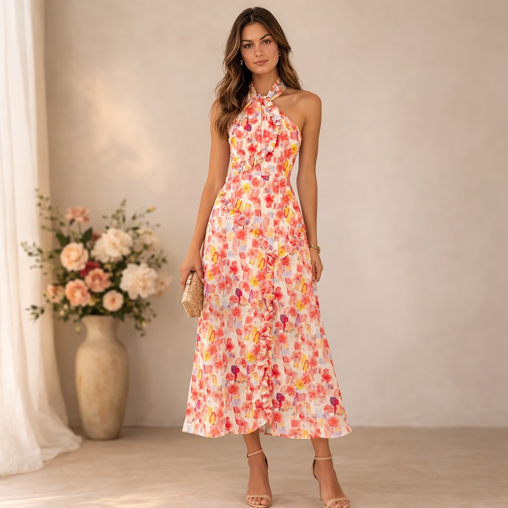 NWT En Saison Giada Pink Floral Ruffle Halter Midi Dress Sz S Romantic Feminine